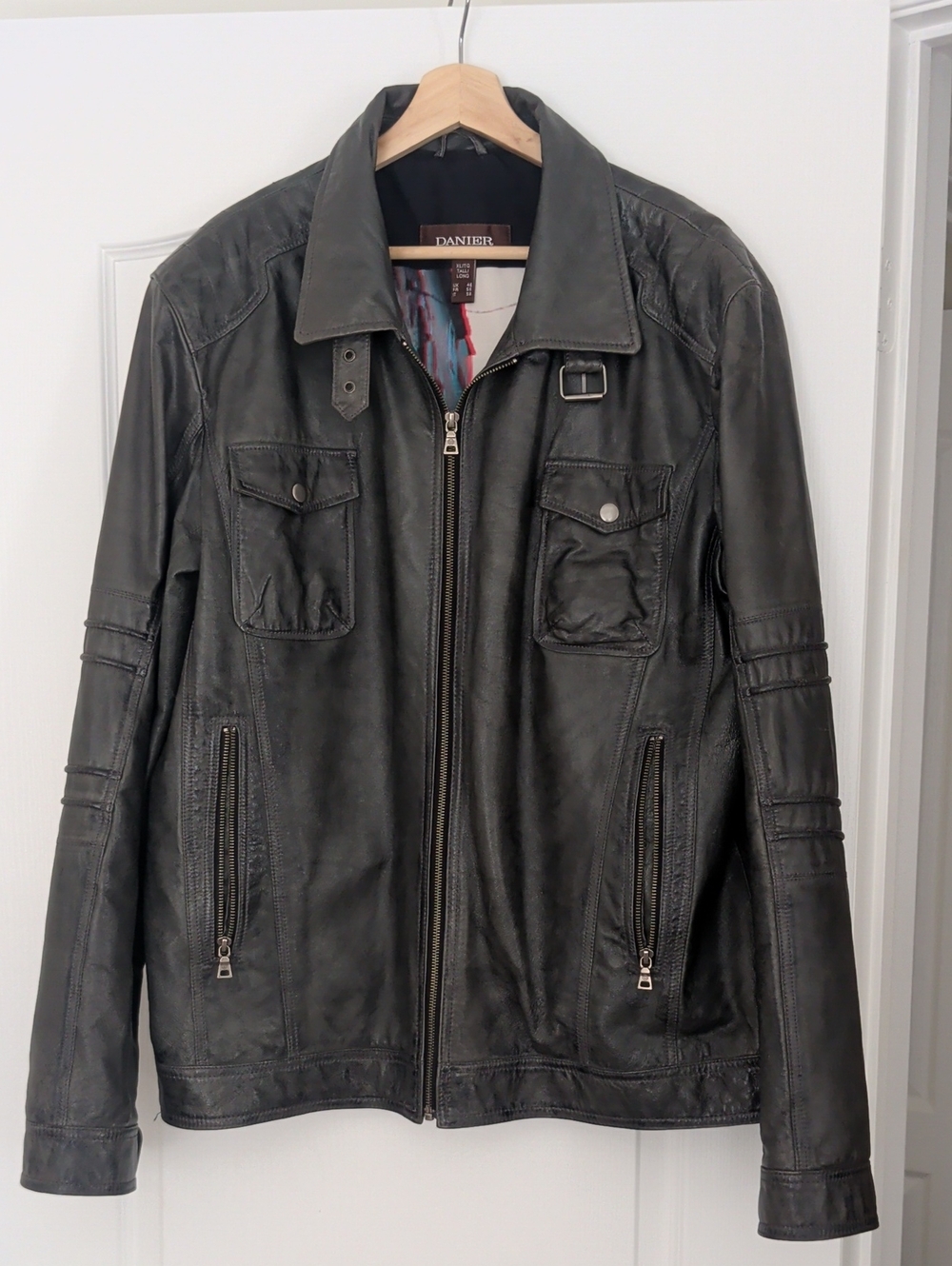 Danier Charcoal gray Leather Zip-Up Bomber Jacket W/ Removable Hood